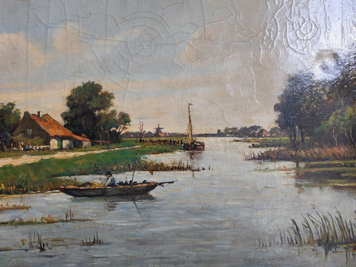 K. Schilderspel - (1882-1947) - "Boerderij aan het water" - Olieverf op doek. Linksonder gesigneerd.