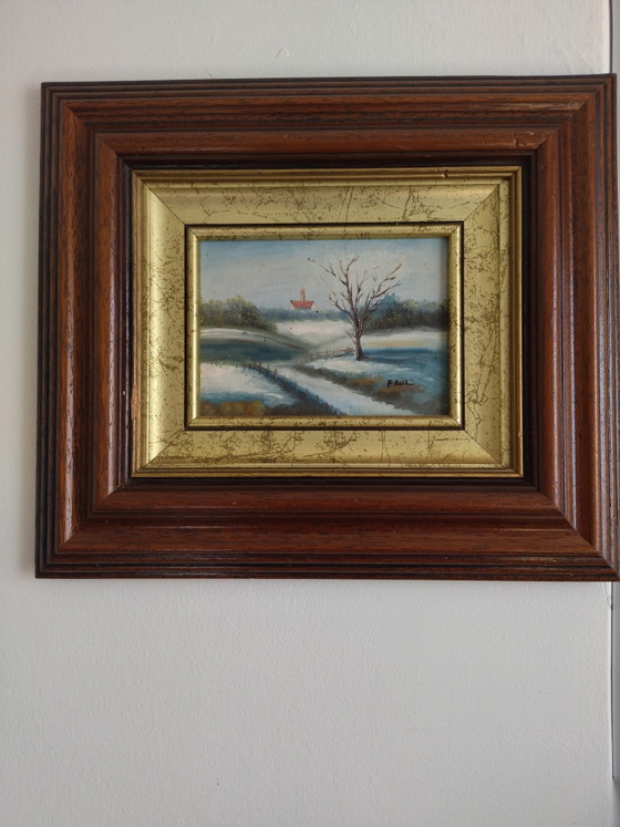 Image 1 of Antieke miniatuurschildering, winterlandschap, olieverf op hout, F. Roch