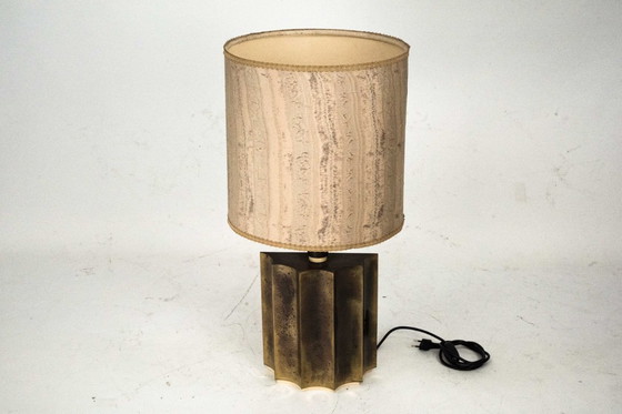 Image 1 of Vintage Brass Table Lamp with Fabric Shade – Original Patina. Italy 1970s