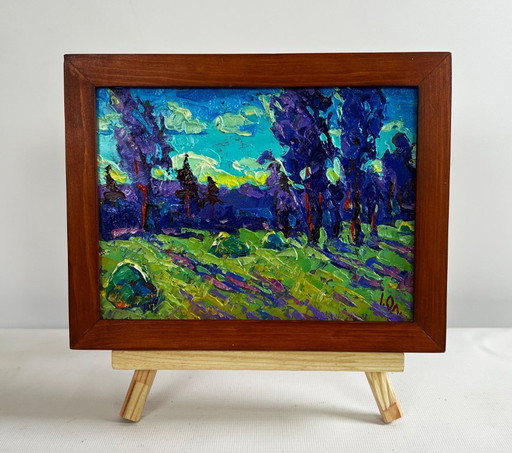 Original Oil Painting Summer Nature Landscape Evening breeze in the field