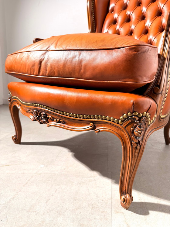 Antieke Cognac Leren Bergère Fauteuil – Wood (photo 5 of 6)