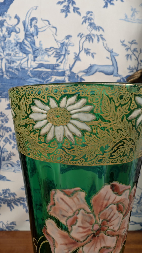 Image 1 of Coppia di vasi in vetro smaltato verde con fiori Art Nouveau di Legras-Montjoye