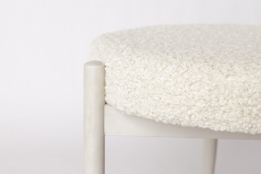 Pouf / Tabouret Vintage 1970 - Bois de hêtre blanc et tapisserie de laine - Ottoman Mid Century
