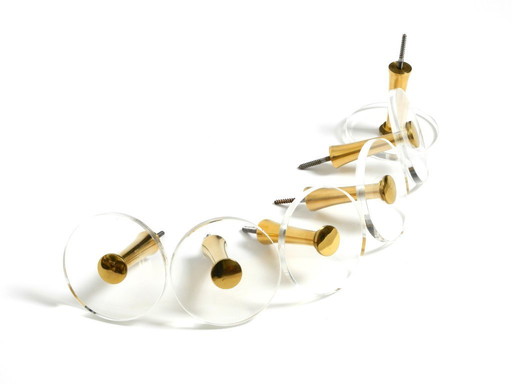 1970s set of 6 coat hooks made of brass and plexiglass by Vereinigte Werkstätten