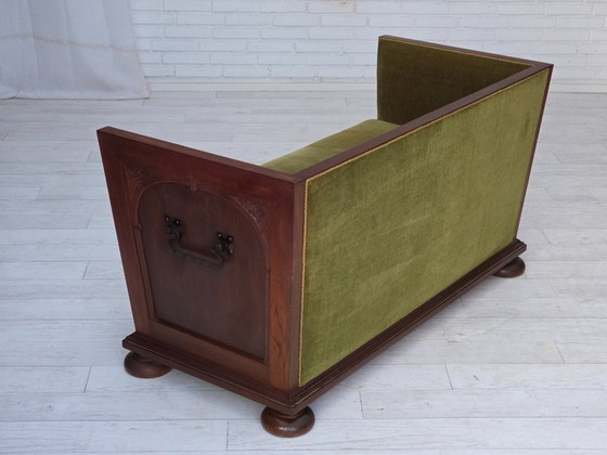 Image 1 of 1950s, Danish 2-seater sofa, original green furniture velour, oak wood.