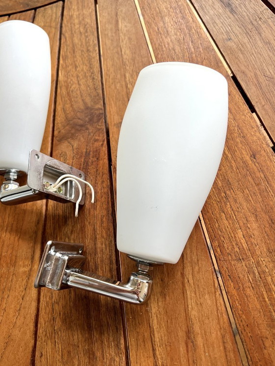 Image 1 of Pair of vintage INDA sconces - chrome & white opaline - Italy, Circa 1970