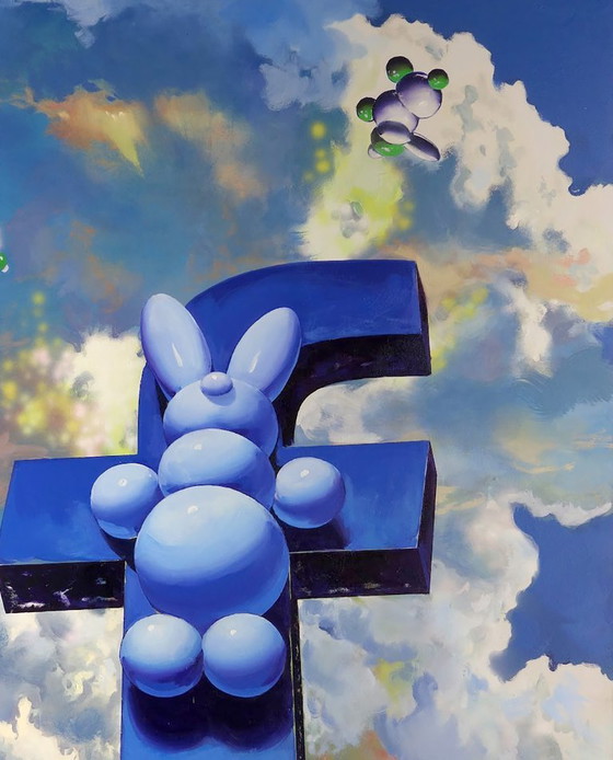 Peinture à l'Huile Originale Symbolisme Pop Art Informateur, Peintures et dessins, Toile, Bleu (photo 5 sur 7)