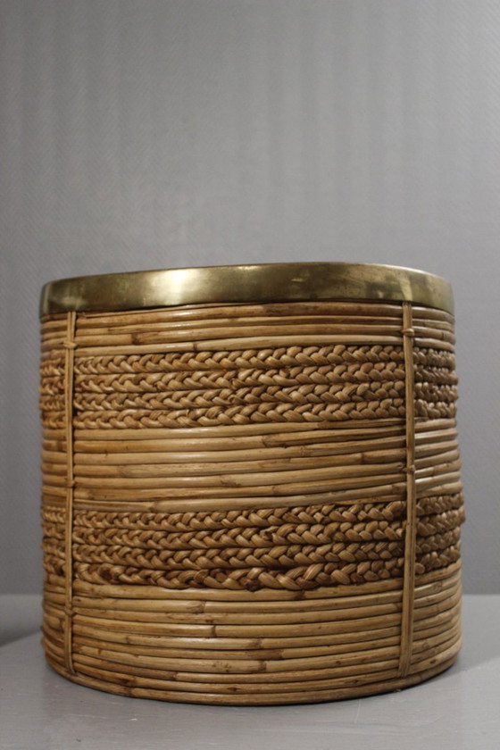 Image 1 of Coppia di grandi fioriere vintage in rattan e ottone disegnate da Gabriella Crespi negli anni '60