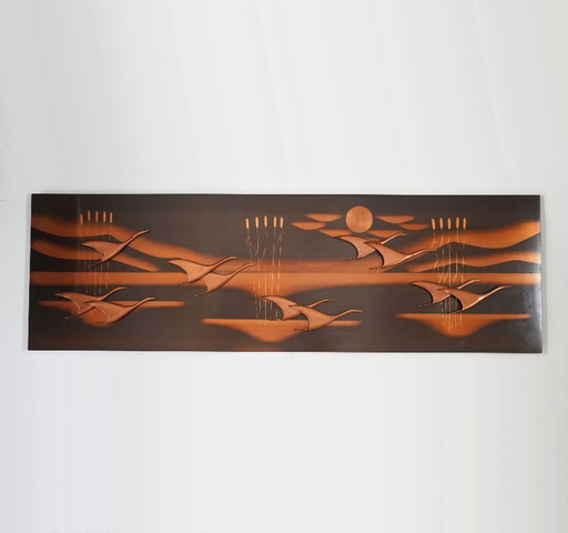 very decorative large mid century COPPER WALL PANEL flying birds sun vintage decoration 1950s