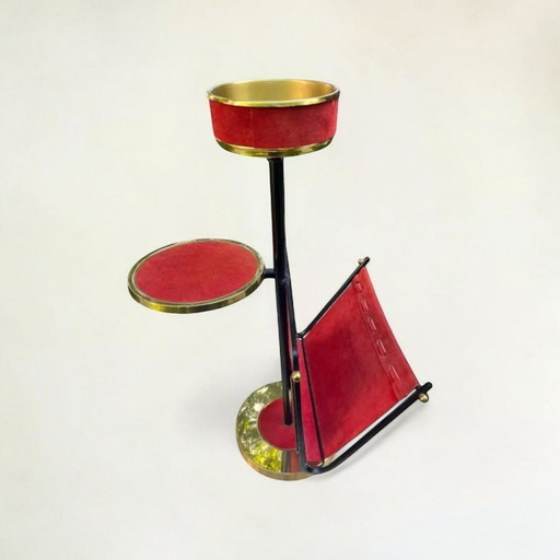 Rarity! Mid - Century magazine rack with integrated ashtray and glass shelf made of brass and suede 1950s