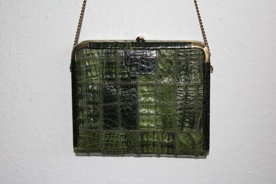 Image 1 of Vintage crocodile leather handbag, green crocodile leather with brass frame and clasp