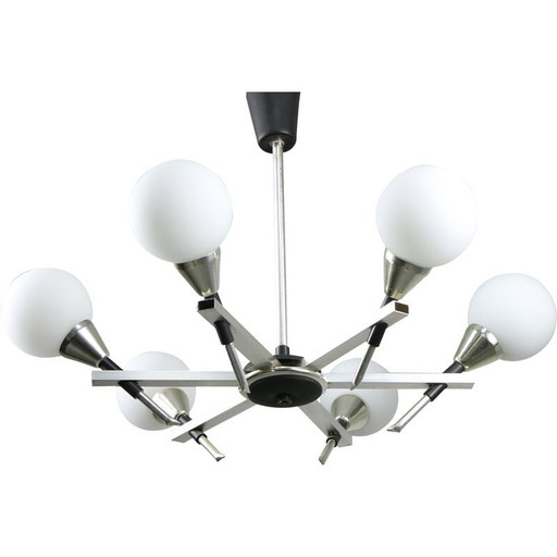 Italiaanse vintage kroonluchter van space-age aluminium en opaline glas