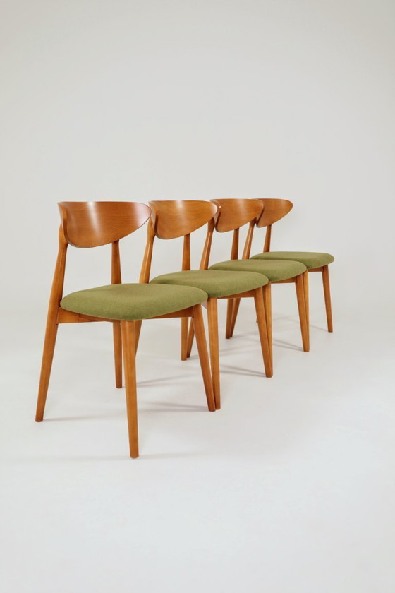 Image 1 of Eetkamerstoelen set van 4 natuurlijk hout, bekleding van groene wol