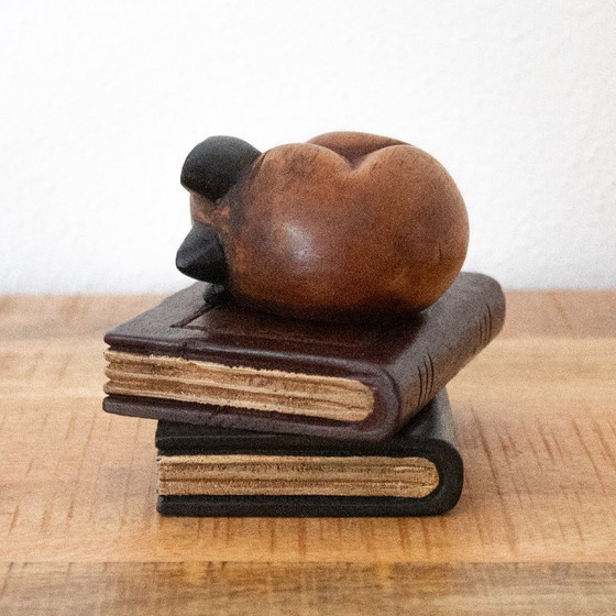 Image 1 of Teak Figurine of a Sleeping Cat on Two Books
