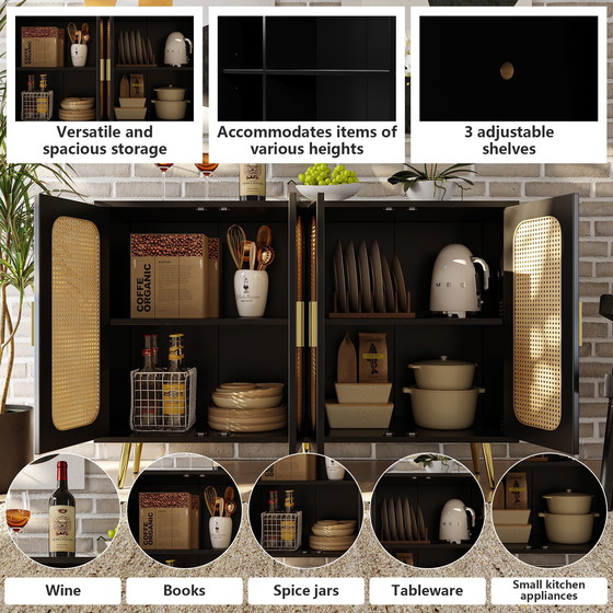 Image 1 of Urban Meuble zwart rotan dressoir met 4 deuren en gouden handgrepen en pootjes, 120 x 30 x 89 cm, STUGMAN