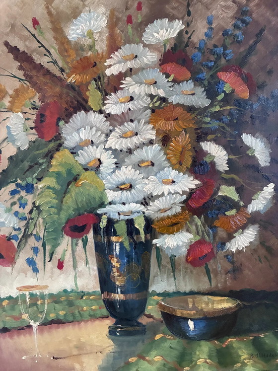 Vintage original floral oil painting with wildflowers in blue vase – Paintings & Drawings, Wood, Canvas (photo 4 of 17)