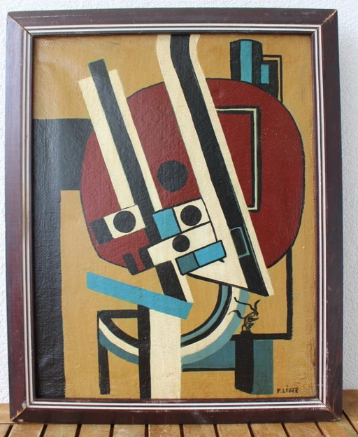 Composition mécanique abstraite vintage – Peinture à l'huile de style géométrique audacieux signée F. Léger