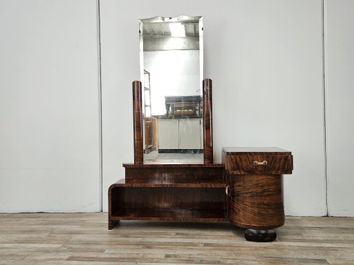 Art Deco kaptafel van wortelnotenhout met spiegel