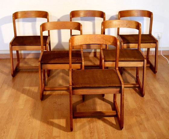 Image 1 of Chaises de salle à manger vintage Willy Rizzo pour Mario Sabot, velours marron, lot de 6, Italie années 1970