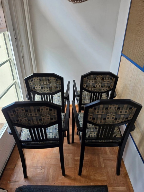 4 original Thonet Vintage Armchairs, polygonal back & patterned upholstery, Dining chairs, Wood, Grey (photo 5 of 12)