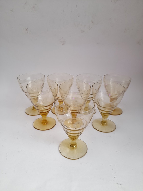 Image 1 of Set of 8 antique engraved wine glasses