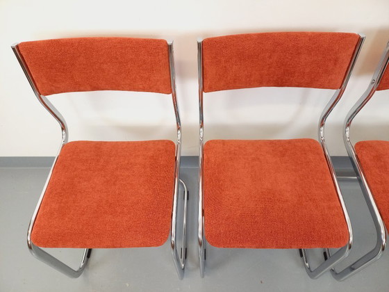 Image 1 of Suite of 4 vintage cantilever chairs in chromed metal and fabric from the 70s