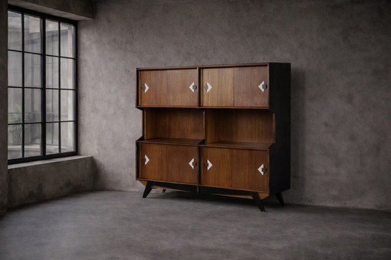 Image 1 of Vintage Deens teakhouten dressoir uit het midden van de 20e eeuw met handgeschilderd patroon, jaren 1950