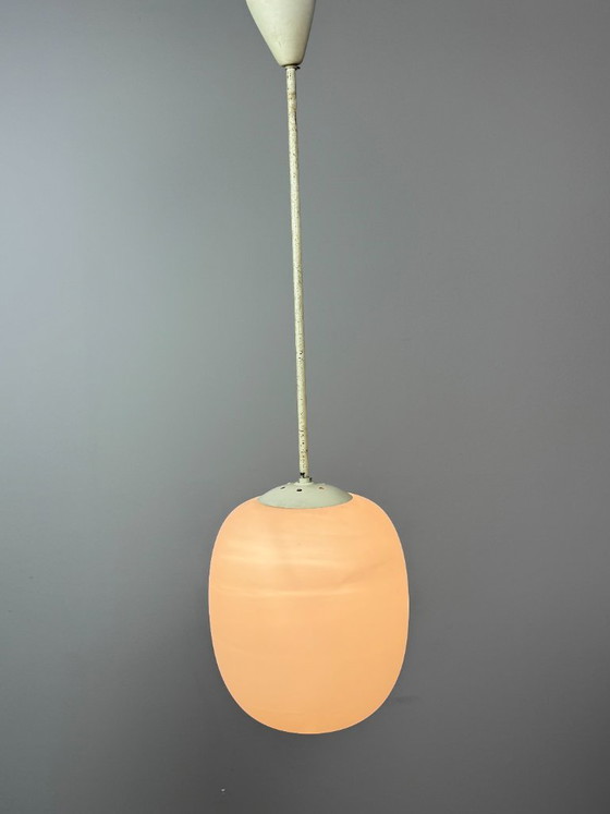 Tall Mid-Century Design Philips Industrial Pendant with Big White Oval Frosted Glass Ball, Netherlands, 1950s (photo 6 of 11)