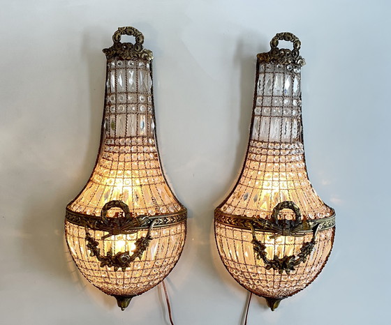 Image 1 of Pair of 2 XL wall lights French Louis XVI style cristal baskets 