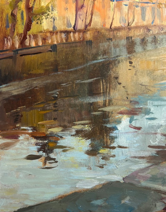 Image 1 of Original Oil Painting City River Landscape City alley with a river