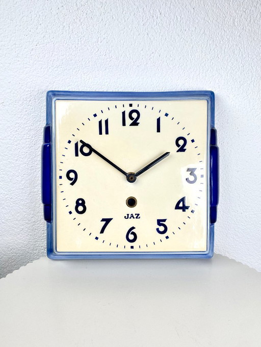 French Vintage Ceramic Wall Clock by Jaz - Retro White Blue Home Decor Accents & Vintage Clocks