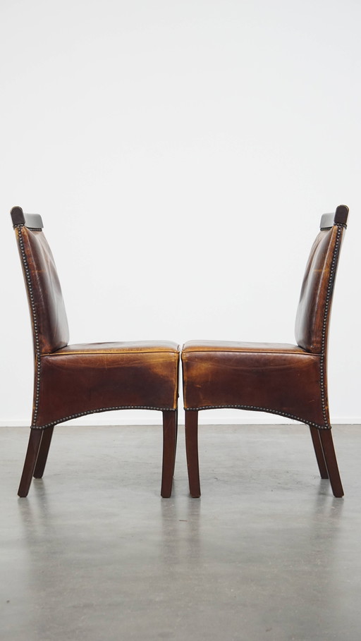 2 x Cognac-colored Leather Art Deco Design Dining Chair