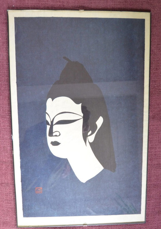 Ingelijste prent met gestileerd gezicht, Litho's & Zeefdrukken, Papier, Glas, Blauw, Aziatisch (foto 3 van 12)