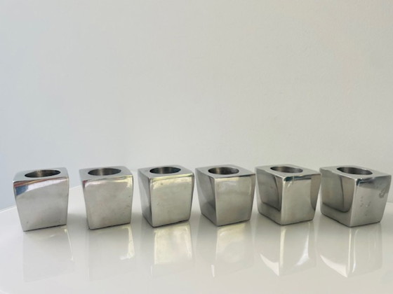 Image 1 of Ensemble de 6 porte-bougies chauffe-plat géométriques en acier inoxydable – motif cubiste