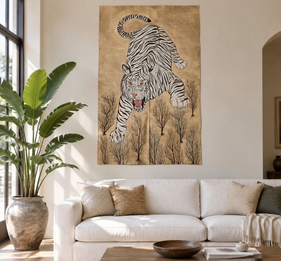 Tigre Bianca 183x122 cm, tela dipinta a mano dall'India. Unica! – Dipinti e disegni, Cotone (photo 7 of 8)