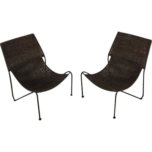 Coppia di poltrone vintage in rattan e filo d'acciaio di Frederick Weinberg