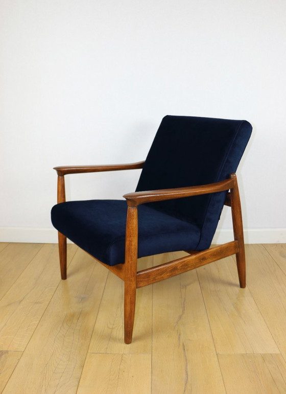 Image 1 of GFM-64 armchair, design by Edmund Homa from the 70s, navy blue - dark wood