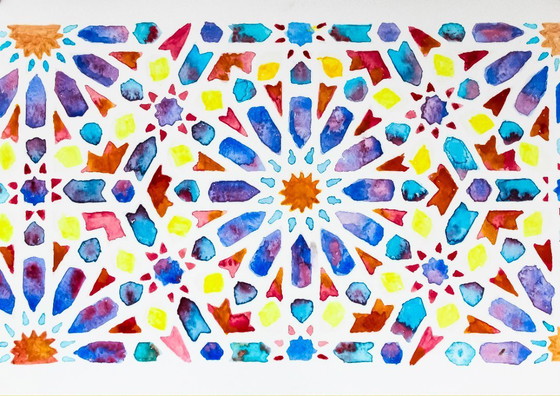 Image 1 of Aquarelle originale représentant une faïence arabe. Peinture géométrique. Neuve.