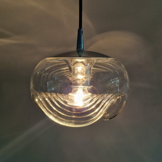 Image 1 of Vintage Space Age pendant lamp - Peill & Putzler "Wave" / "Futura" - 1970s Germany - Glass and Metal - Ø 22 cm. Space Age Design