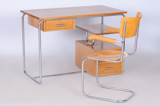 Escritorio Bauhaus restaurado, roble, acero cromado, Alemania, década de 1930. – bureau, Metal, Wood (photo 2 of 16)