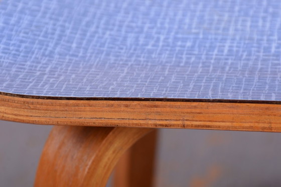 Restored Mid-Century Side Table, Beech, Plywood, Formica, Czech, 1950s, Blue (photo 5 of 11)