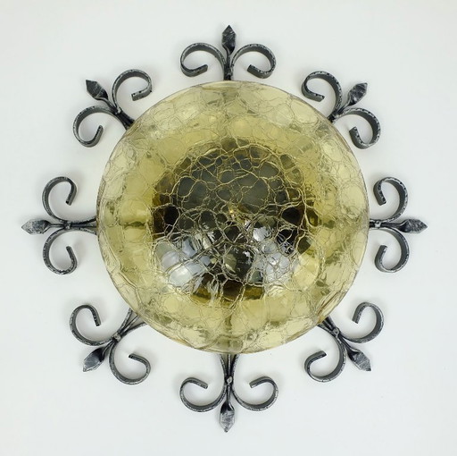 outstanding 1970's modernist brutalist wall lamp SCONCE wrought iron and amber glass