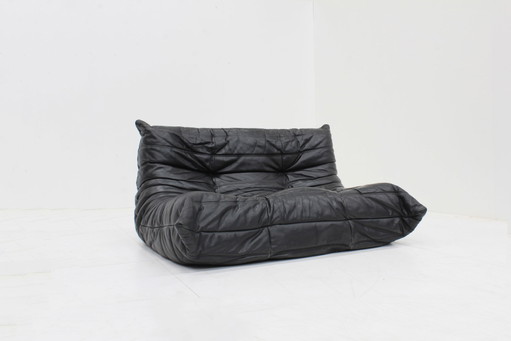 Originales Vintage Ligne Roset Togo 2-Sitzer-Sofa aus schwarzem Leder, 1990