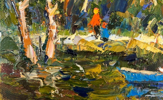 Image 1 of Original Oil Painting Summer Coastal Landscape Family vacation on the lake