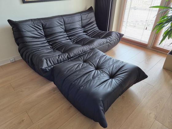 Image 1 of Michel Ducaroy for Ligne Roset Black Leather Togo Sofa and pouf, Set of 2