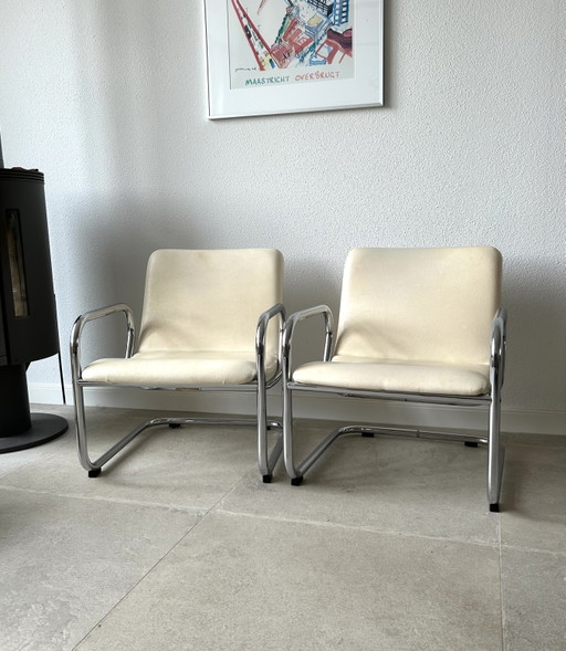 Set of Mid Century Lounge Chairs Tubular Frame Skaileder – fauteuils, Metal, Chrome