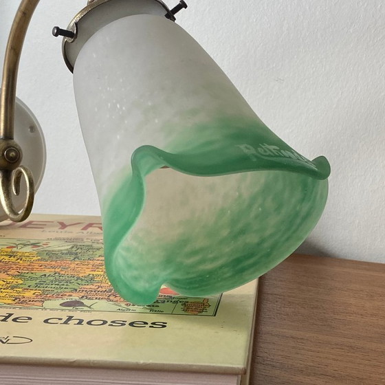 Image 1 of Brass swan-neck wall sconce with a glass paste tulip shade, signed Rethondes