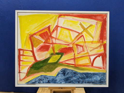 VIS TOWN CROATIA ABSTRACT ACRYLIC PAINTING ON CANVAS SIGNED FRAMED 43x53cm