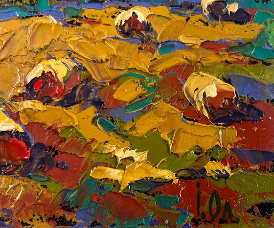 Image 1 of Original Oil Painting Evening Field Landscape Wind in the stubble