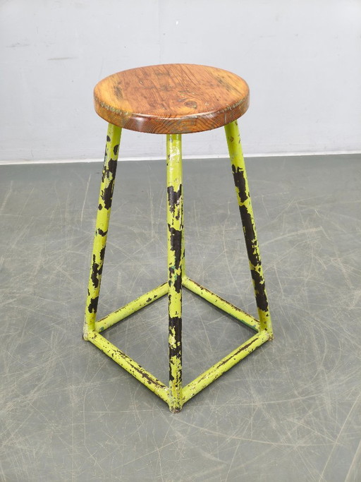 Industrial Metal and Wood Stool, Czechoslovakia, 1940s